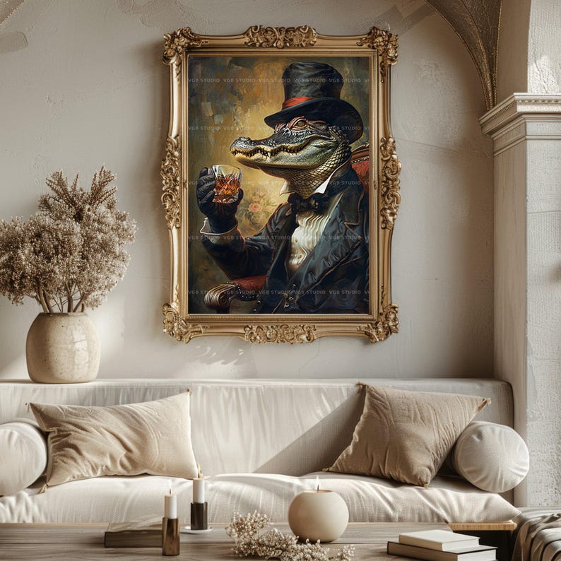 Alligator-Whisky-Wandbild, viktorianisches Tiermotiv, Dark-Academia-Poster, Speakeasy-Dekoration, Luxusgeschenk für Männer, Krokodilgemälde t25 Bild 7