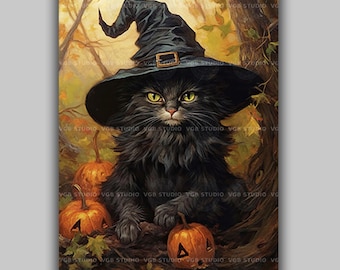 Black Cat Witch Art Print, Kitten and Jack O Lanterns, Golden Autumn Woods, Vintage Oil Painting Style Cozy Halloween Wall Decor e43