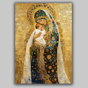 Madonna and Child Gold Mosaic Wall Art Print Sacred Motherhood Christian Icon Divine Love Religious Spiritual Illustration Painting AK76