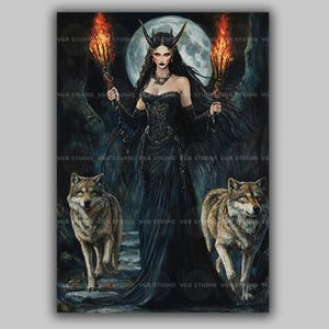 Hecate Witch Art Print Gothic Goddess Wall Decor Moon Magic Pagan Wolves Greek Mythology Dark Fantasy Wicca Spiritual Gift Hekate Decor aa68