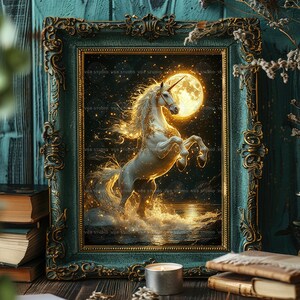 May include: A framed artwork featuring a white unicorn rearing up in front of a full moon. The artwork has a teal and gold ornate frame. The unicorn is detailed with gold accents, and the background is a dark night sky with stars.
