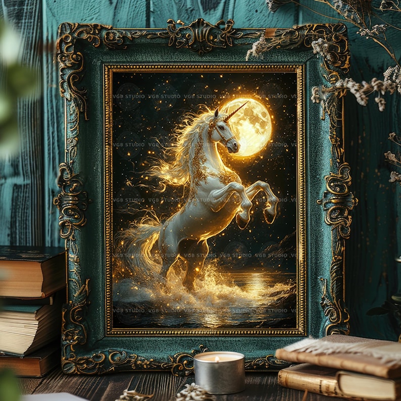 May include: A framed artwork featuring a white unicorn rearing up in front of a full moon. The artwork has a teal and gold ornate frame. The unicorn is detailed with gold accents, and the background is a dark night sky with stars.