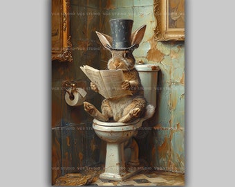 Rabbit Victorian Gentleman Hare Reading Newspaper on Toilet Whimsical Bunny Fine Art Print , Bathroom Giclee Baroque Painting Wall Art L47