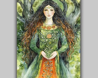Airmed Airmid Irish Goddess of Healing Wall Art Print Celtic Mythology Herbal Witch Decor Sacred Plant Spirit Watercolor Imbolc Altar AK98