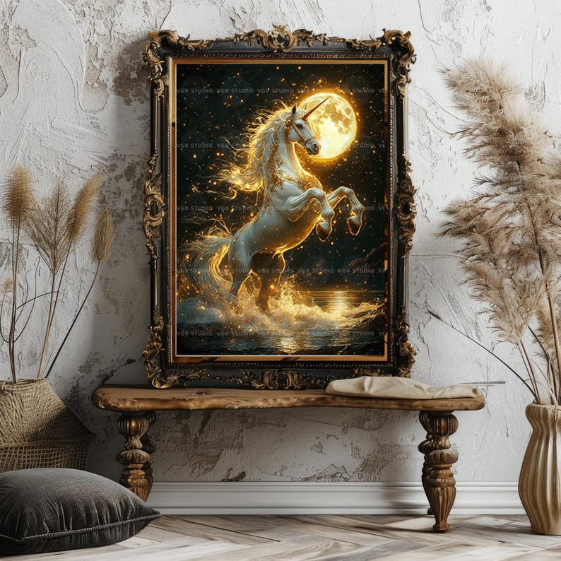 May include: A framed fantasy art print featuring a white unicorn rearing up in front of a full moon. The artwork has a gold and black ornate frame. The unicorn is surrounded by golden light and water.