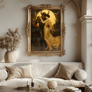 Impresión artística de fantasía oscura de demonio y mujer, romance gótico, mitología surrealista, obra de arte, luna encantada, baile nocturno, amantes del ocultismo, decoración de pared D25A imagen 7