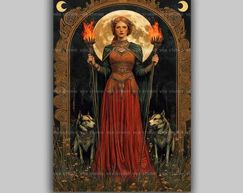 Hekate, grecka bogini czarów i księżyc trzymający pochodnie z wilkami, potrójny symbol księżyca, pogański, boski, kobiecy wystrój, s28