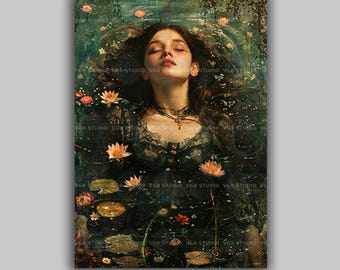 Ophelia Art Print Water Lily Woman Pond Gothic Wall Decor Dreamy Moody Floral Painting Literary Art Pre-Raphaelite Shakespeare Gift r43