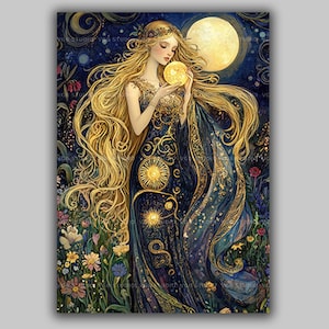 Celestial Goddess Art Print, Woman Holding the Sun Under a Full Moon, Art Nouveau Gold Blue Night Garden, Norse Sol Sunna Mythology AH95