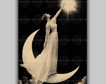 Vintage Paper Moon Art Print, Woman on Crescent Moon Reaching for Star, Antique Photo Celestial Wall Decor, Dreamy Romantic Gift x59