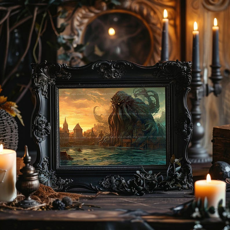 Cthulhu kunst aan de muur kosmische horror print Lovecraftian decor gotische fantasie kust ruïnes donkere mythologie monster kunst oude horror cadeau A51 afbeelding 4