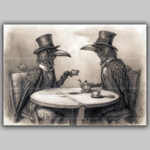 Raven Tea Party Art Print, Two Crow Gentlemen Taking Afternoon Tea, Whimsical Victorian Bird Wall Decor, Funny Crow Lover Gift A30
