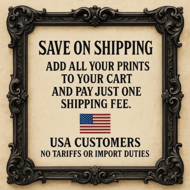 a sign with a black ornate frame, containing a message about shipping and US customers.