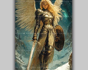 Lámina artística de valquiria / Ángel guerrero nórdico con armadura dorada, espada y escudo / Arte mural de mitología vikinga, fantasía celestial, mujer poderosa con alas / ac18