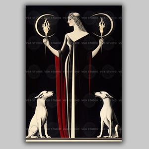 Hecate Goddess Art Print Art Deco Pagan Witch Decor Moon Magic with Torches and Dogs Greek Mythology Dark Feminine Power Artwork AH49