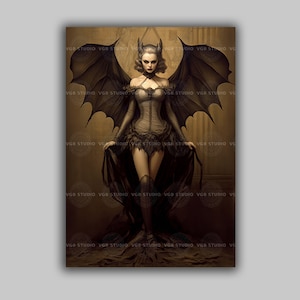 Dark Fantasy Art Print Gothic Winged Woman Vampire Pinup Wall Art Elegant Horror Illustration Vintage Goth Decor Femme Fatale Style F45
