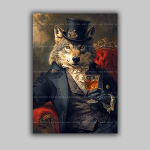 Dapper Wolf Portrait in Formal Attire, Elegant Animal Art with Glass in Hand, Unique Victorian-Inspired Decor for Home or Bar or Office t24