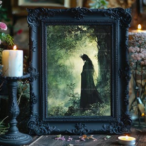Sadhbh Irish Mythology Art Print, Antlered Deer Woman Silhouette in a Misty Green Forest, Cloaked Celtic Folklore Woodland Wall Decor w58 image 4