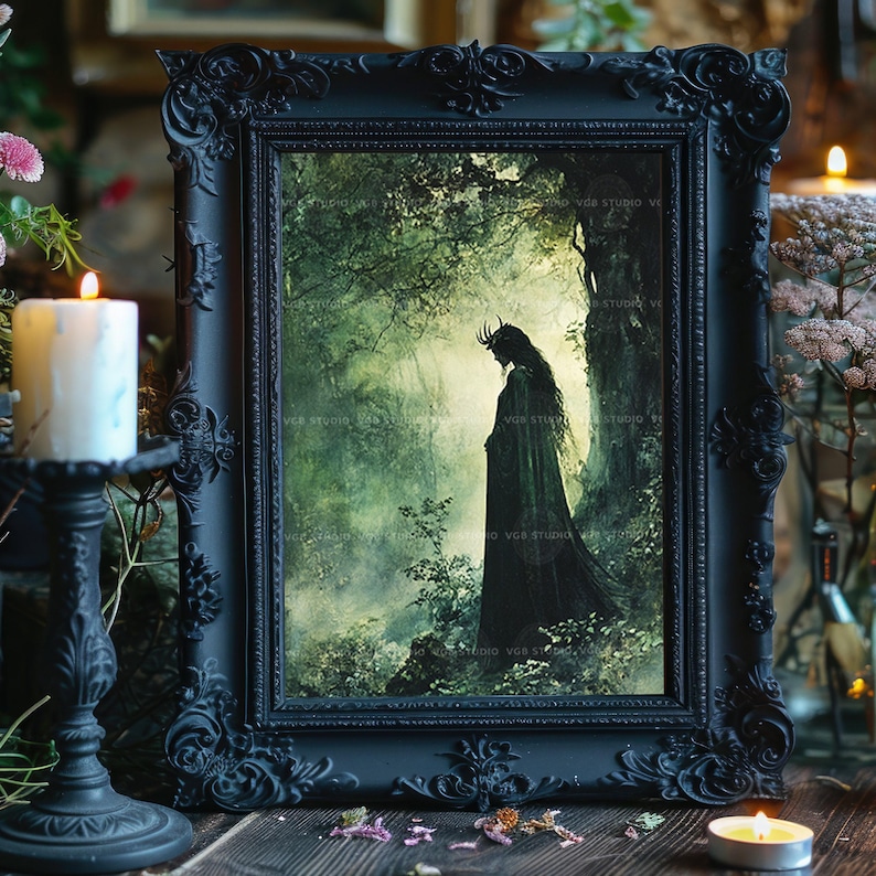 Sadhbh Irish Mythology Art Print, Antlered Deer Woman Silhouette in a Misty Green Forest, Cloaked Celtic Folklore Woodland Wall Decor w58 image 4