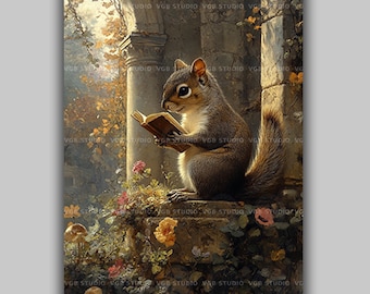 Squirrel Wall Art Print, Reading Woodland Animal Portrait, Cottagecore Library Decor, Forest Book Lover Painting, Whimsical Wildlife y15