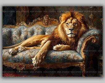 ライオンアートプリント ビクトリア朝ソファ 動物肖像画 堂々とした壁飾り 気まぐれな猫の絵画 ヴィンテージ ホームギャラリー 野生動物ギフト ブルーソファ AH13