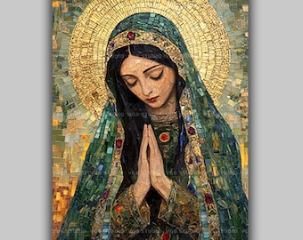 Mary Magdalene Mosaic Art Print Sacred Feminine Saint Religious Icon Christian Mythology Decor Golden Halo Spiritual Wall Artwork AJ68