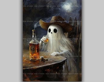 Ghost Cowboy Drinking Whiskey Wall Art Print Western Saloon Skull Spirit Gothic Halloween Man Cave Bar Decor Funny Spooky Gift T96