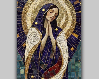 Virgin Mary Art Print Our Lady Madonna Christian Mosaic Style Sacred Icon Catholic Wall Art Blessed Mother Religious Decor Marian Art AJ85
