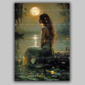 Meerjungfrau Lagune Dunkler Wald Mond Gemälde, Einsame Sirene Wandkunst, Wassernymphe Poster Druck, Dark Academia, Gothic Poster, Moody Lagoon q85
