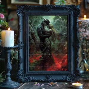 Romantasy Wall Art Print, Demon Prince and Mortal Woman Embrace, Underworld Hellscape, Dark Fantasy Book Lover Decor w91 image 2