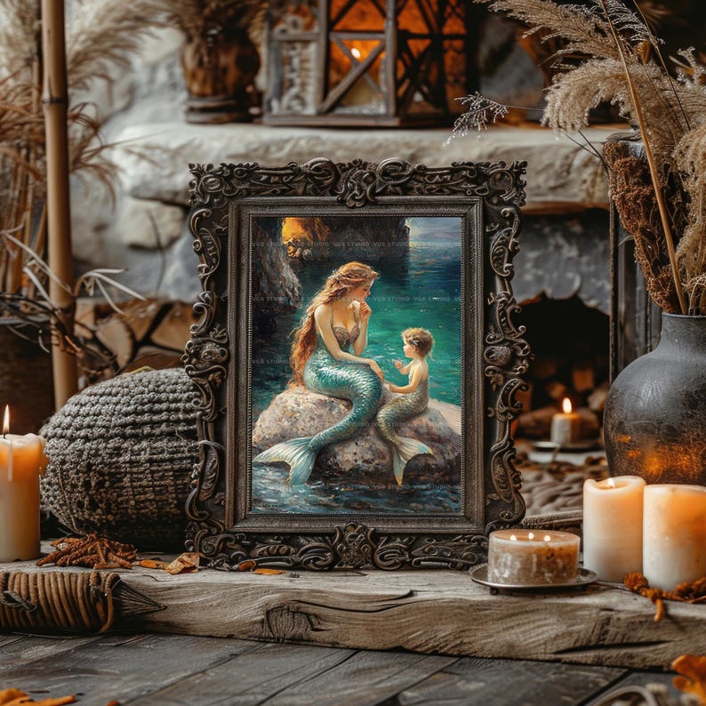 Mermaid Mother Child Art Print Ocean Fantasy Decor Sea Family Painting Whimsical Wall Poster Storybook Illustration Coastal Home Beach AC15 image 4