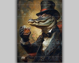 Alligator Whiskey Wall Art Print, Victorian Animal, Dark Academia Poster, Speakeasy Decor, Mens Luxury Gifts, Crocodile Painting t25