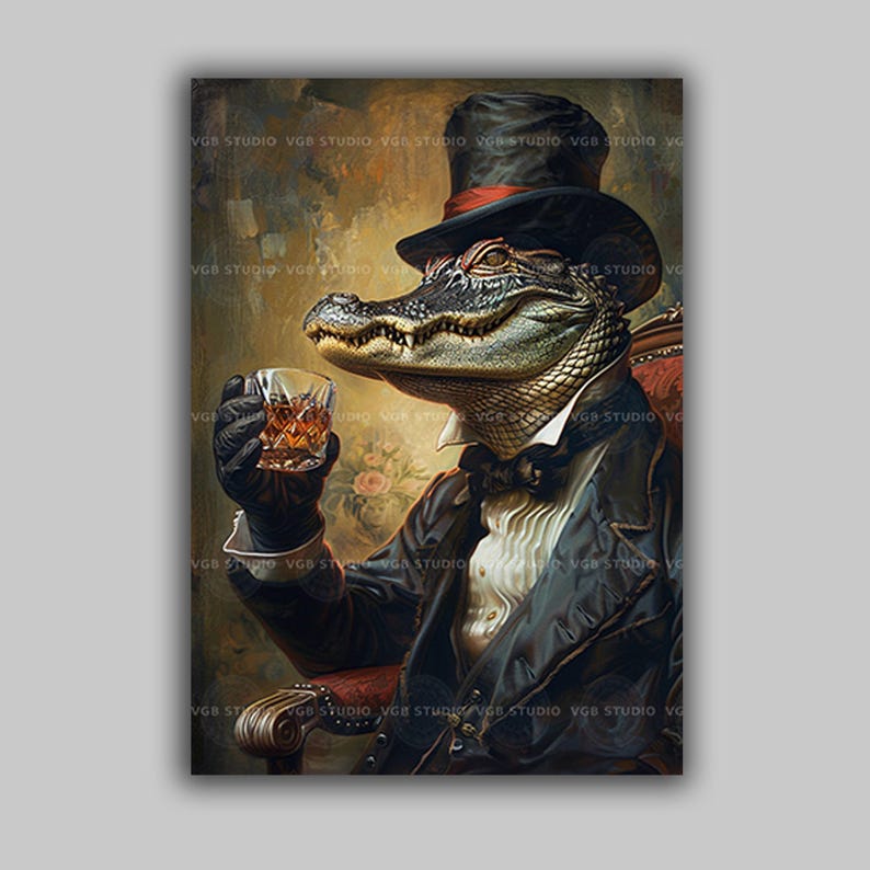Alligator-Whisky-Wandbild, viktorianisches Tiermotiv, Dark-Academia-Poster, Speakeasy-Dekoration, Luxusgeschenk für Männer, Krokodilgemälde t25 Bild 1