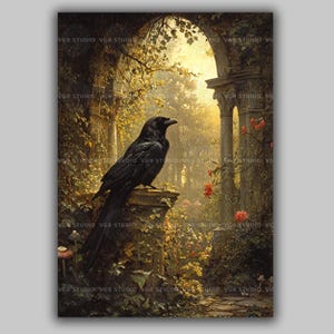 Raven Art Print Gothic Crow Decor Dark Academia Aesthetic Enchanted Ivy Garden Bird Illustration Witchy Nature Fantasy Ruins Wall Art y14