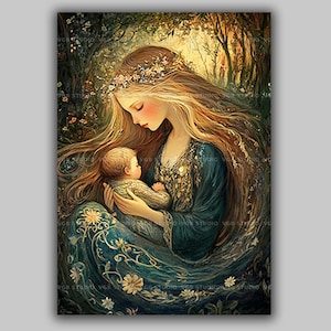 Modron Goddess Art Print Celtic Mother Deity Holding Child Woodland Divine Feminine Welsh Mythology Pagan Spiritual Nature Witch Decor ab63