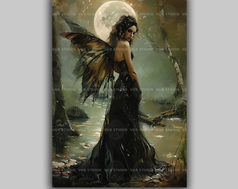 Moonlit Forest Fairy Art Print Gothic Dark Fae Wall Decor Enchanted Woodland Fantasy Painting Ethereal Faerie Witch Home Decor q36
