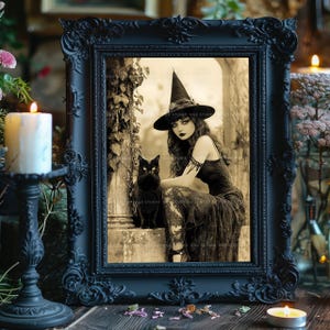 Lámina artística de bruja, retrato de gato negro, arte mural gótico vintage, decoración de bruja estilo academia oscura u26 imagen 2