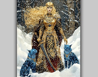 Freyja Norse Goddess Art Print Valkyrie Warrior Wall Decor Nordic Mythology Cat Companion Fantasy Gold Armor Female Portrait AL23