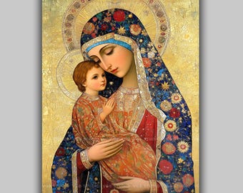 Theotokos Wall Art Print, Virgin Mary Madonna Child Painting, Orthodox Icon Poster, Byzantine Mosaic Decor, Catholic Christian Gift AP12