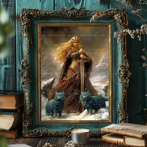 Freya, Freyja, nordische Göttin der Liebe, Krieg und Magie, Wikinger Mythologie, blaue Katzen, Winter-Schnee-Szene, heidnischer Altar-Dekor ac12 Bild 6