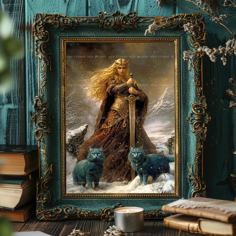 Freya, Freyja, nordische Göttin der Liebe, Krieg und Magie, Wikinger Mythologie, blaue Katzen, Winter-Schnee-Szene, heidnischer Altar-Dekor ac12 Bild 6