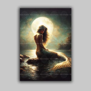 Mermaid Wall Art Print, Moonlit Siren Painting, Ocean Fantasy Portrait, Coastal Mythology Decor, Sea Nymph Artwork, Lunar Water Goddess j27