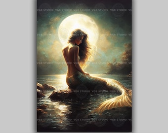 Mermaid Wall Art Print, Moonlit Siren Painting, Ocean Fantasy Portrait, Coastal Mythology Decor, Sea Nymph Artwork, Lunar Water Goddess j27