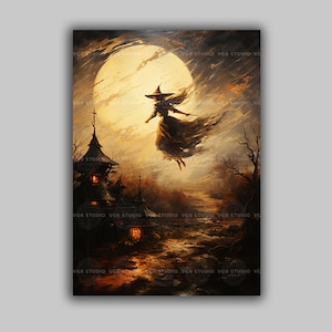 Flying Witch Art Print Halloween Moon Scene Dark Fantasy Painting Cottagecore Gothic Decor Full Moon Witch House Autumn Witchy Wall Art G08