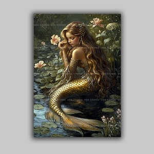 Golden Mermaid Art Print Romantic Fantasy Water Lily Scene Whimsical Pond Creature Wall Decor Dreamy Feminine Illustration Myth Poster s64