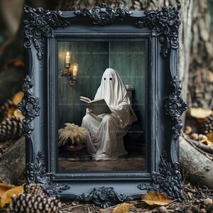 Funny Ghost Bathroom Wall Art Print, Spooky Toilet Reading Poster, Gothic Room Decor, Haunted Book Lover Artwork, Quirky Halloween Print H27 image 5