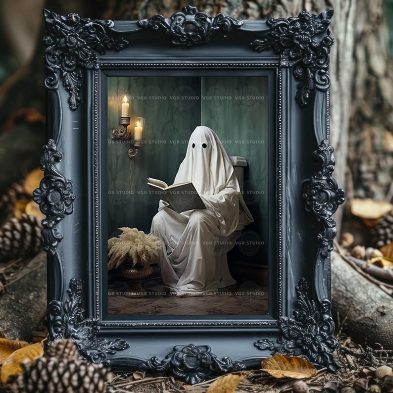 Funny Ghost Bathroom Wall Art Print, Spooky Toilet Reading Poster, Gothic Room Decor, Haunted Book Lover Artwork, Quirky Halloween Print H27 image 5