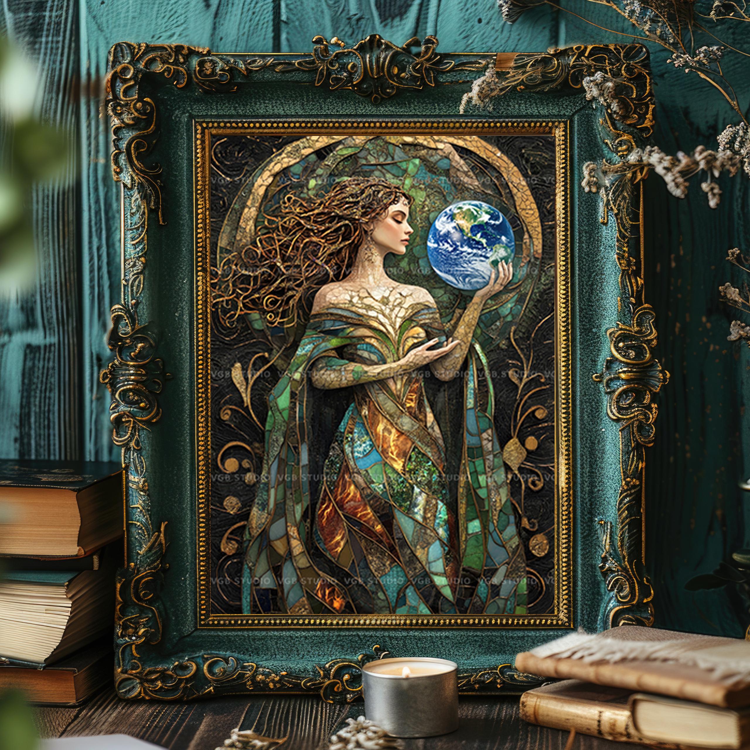Gaia Stained Glass Mosaic Art Print, Greek Earth Goddess Mother Nature ...