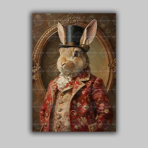 Viktorianischer Kunstdruck mit aristokratischem Hasenmotiv, eleganter Hase im roten Rokokomantel und Zylinder, Dark Academia Tiermotiv m68