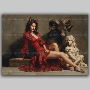 Lilith Art Print Dark Goddess Wall Decor Red Dress Figure with Ram Mythical Feminine Power Witchcore Portrait Pagan Spiritual Artwork AG63